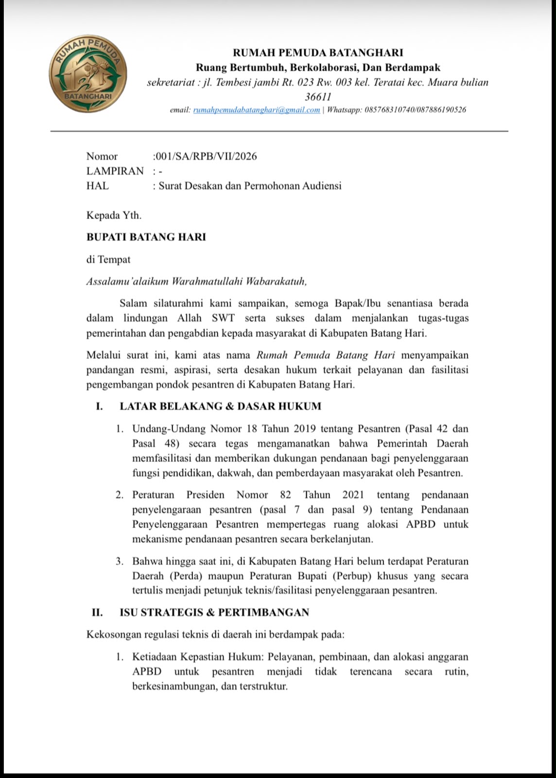 DORONG KEJELASAN REGULASI KEBERLANGSUNGAN PESANTREN; RUMAH PEMUDA BATANG HARI RESMI AJUKAN AUDIENSI KE PEMKAB